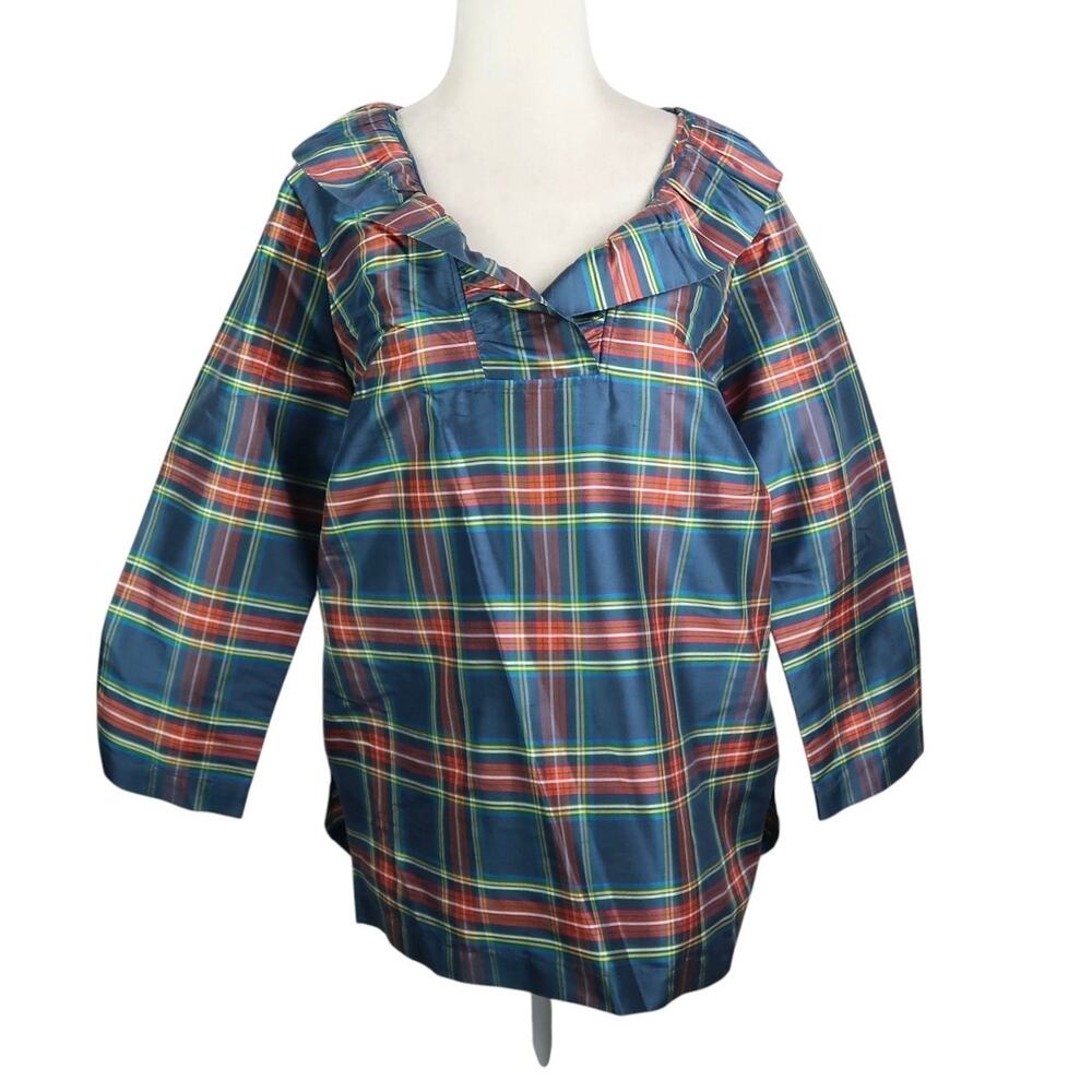 Devon Baer Stewart Navy Blue Plaid Silk Taffeta Ruffle Top M